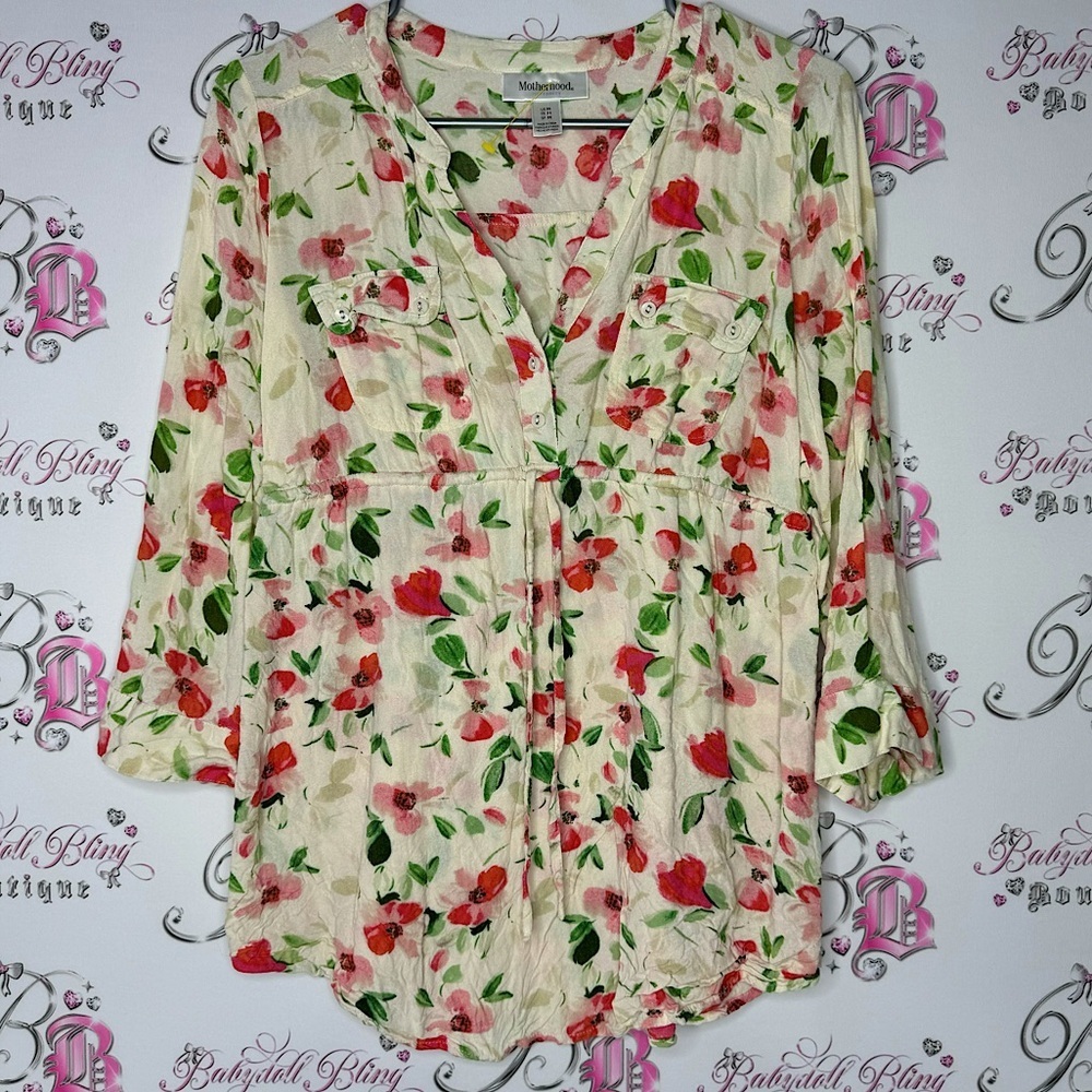 Floral blouse cinch at waist cream yellow white red green orange flowers cute